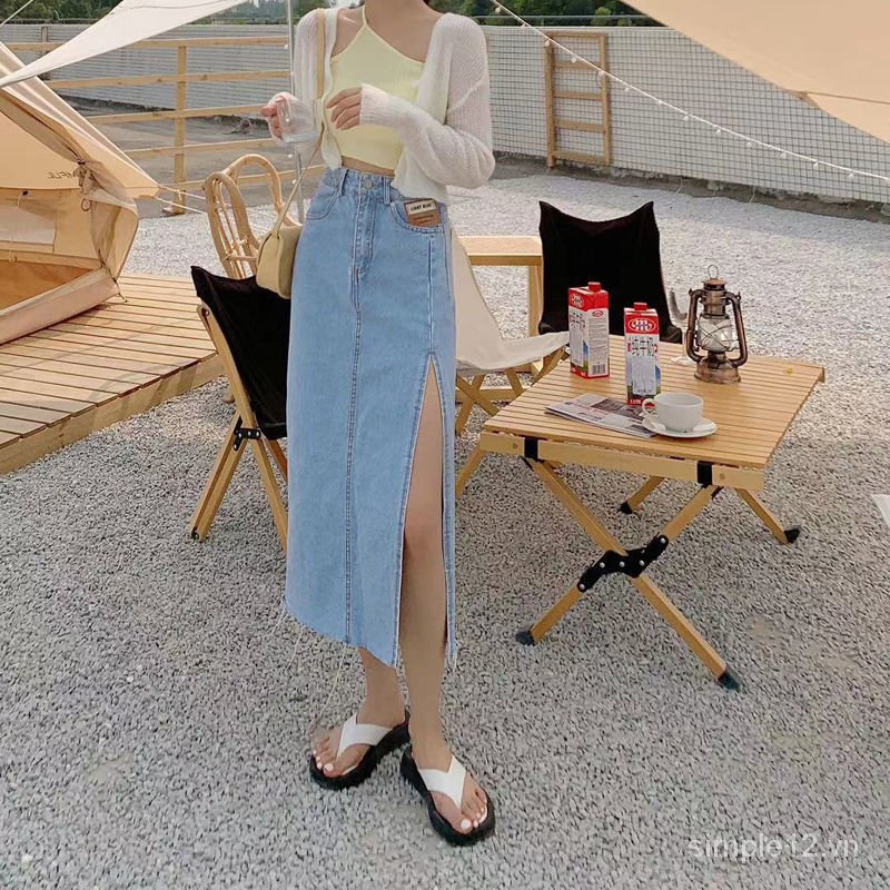 chân váy jean Lưng Cao Xẻ Tà Phong Cách Hàn Quốc 2021 Cho Nữ