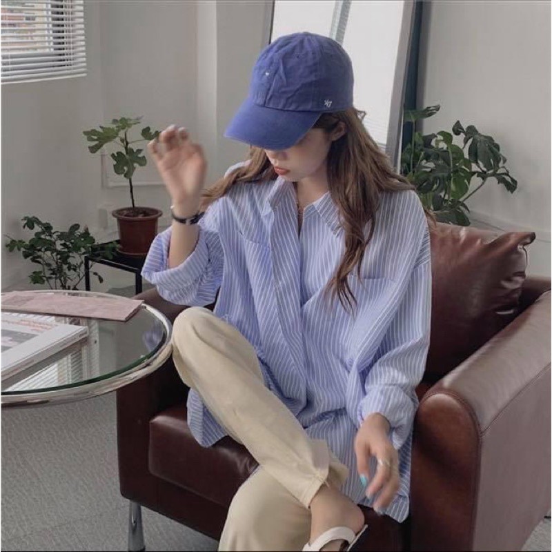 Áo sơ mi kiểu nữ form rộng tay dài giấu quần vạt chéo kẻ sọc đứng - Order taobao quảng châu