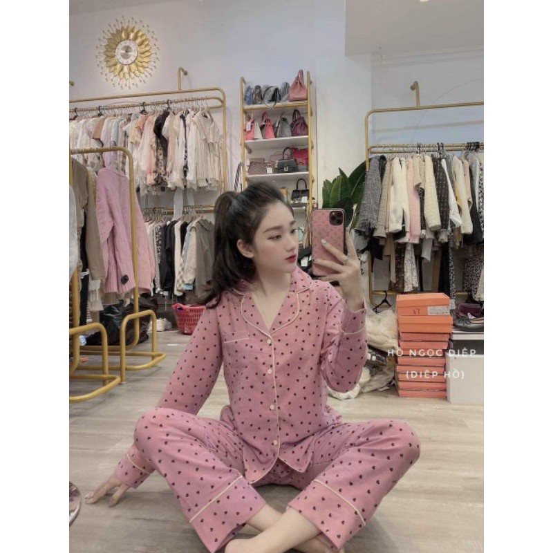 Set bộ quần áo ngủ dài tay nhung họa tiết MH