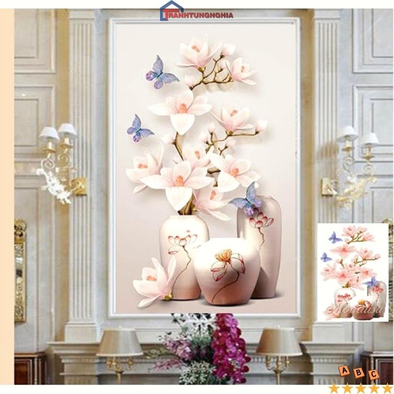 Tranh đính đá, tranh thêu chữ thập bình hoa nghệ thuật 57cm x 70cm