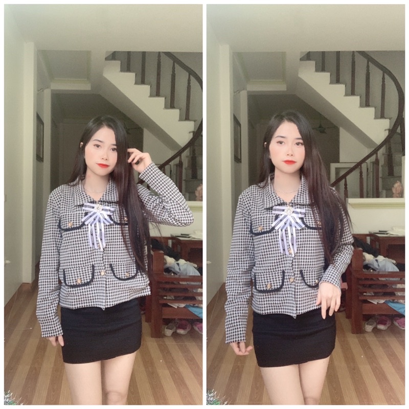 Áo khoác dạ kẻ nắp túi kèm tag nơ siêu xinb(ảnh thật shop chụp)