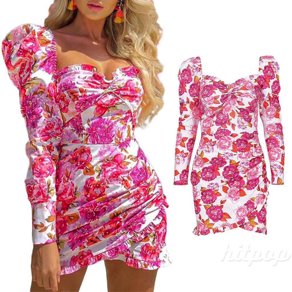 Hitpop-Women Spring Floral Dress, Rose Print Square Neck Long Sleeve Ruffle One-Piece for Ladies, Pink, S/M/L