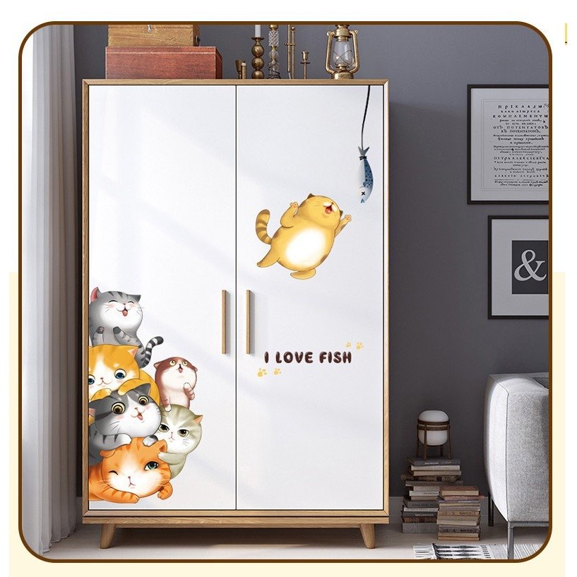Tranh decal trang trí tủ lạnh dán tường NHỮNG CHÚ MÈO YÊU CÁ siêu yêu - Decal dán chi tiết rời