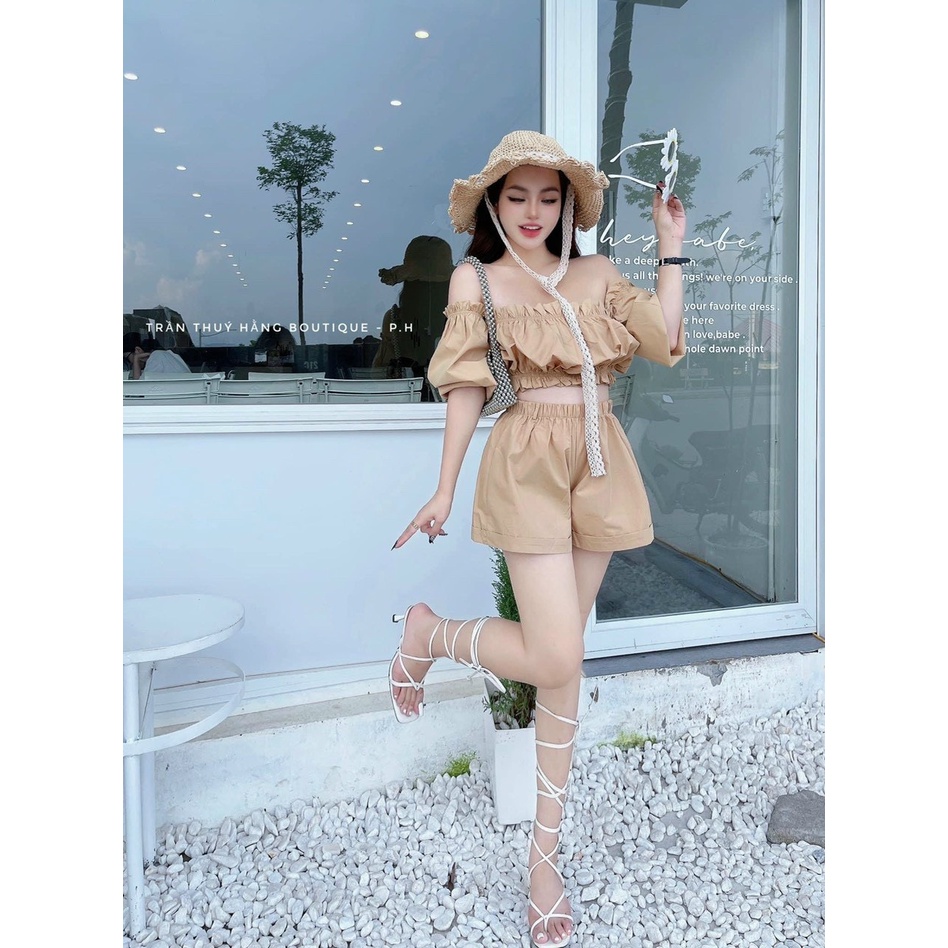 Sét đồ bộ nữ áo trễ vai kèm quần đùi cạp cao tôn eo siêu xinh trẻ trung dạo phố đi chơi