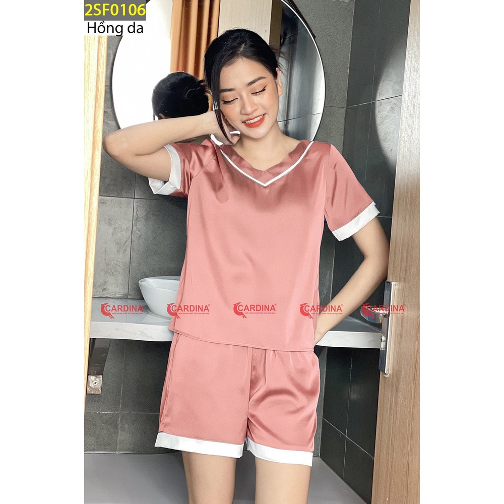 Đồ Bộ Nữ Mùa Hè CARDINA Chất Lụa Satin Nhật Cao Cấp Áo Cộc Tay Cổ Tim Quần Đùi Pha Màu Nhẹ Nhàng 2SF01
