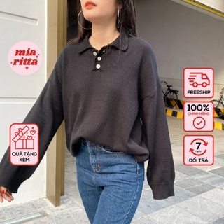 Áo polo len áo len cao cấp dài tay oversize 3 khuy cổ Mia RItta A2000