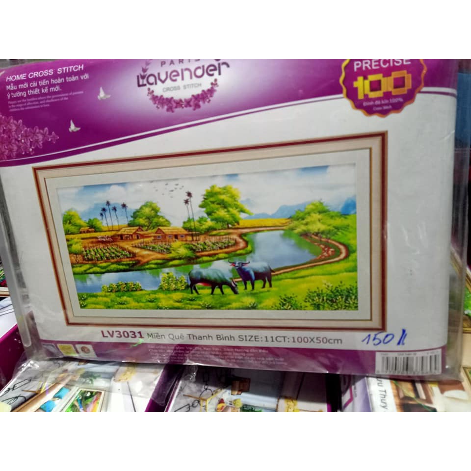 Tranh thêu chữ thập đồng quê KT:100x50cm, Tranh chưa thêu và chưa khung,tặng kéo và sỏ chỉ.