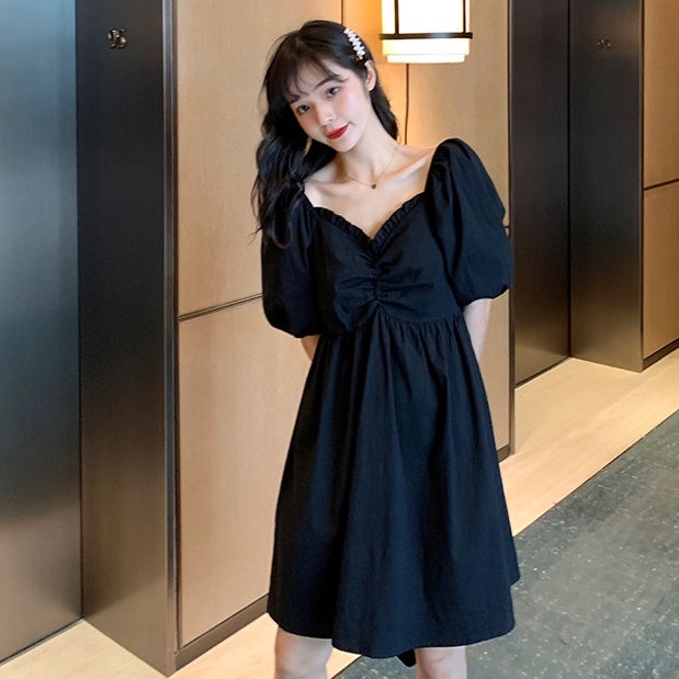 Đầm Tay Ngắn Phồng Xếp Ly Ôm Eo Phong Cách Mới Mùa Hè Dễ Phối Đồ Cho Nữ