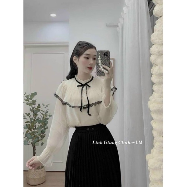 Áo Sơ Mi Tiểu Thư Phối Bèo Viền Ren Đen Sang Chảnh