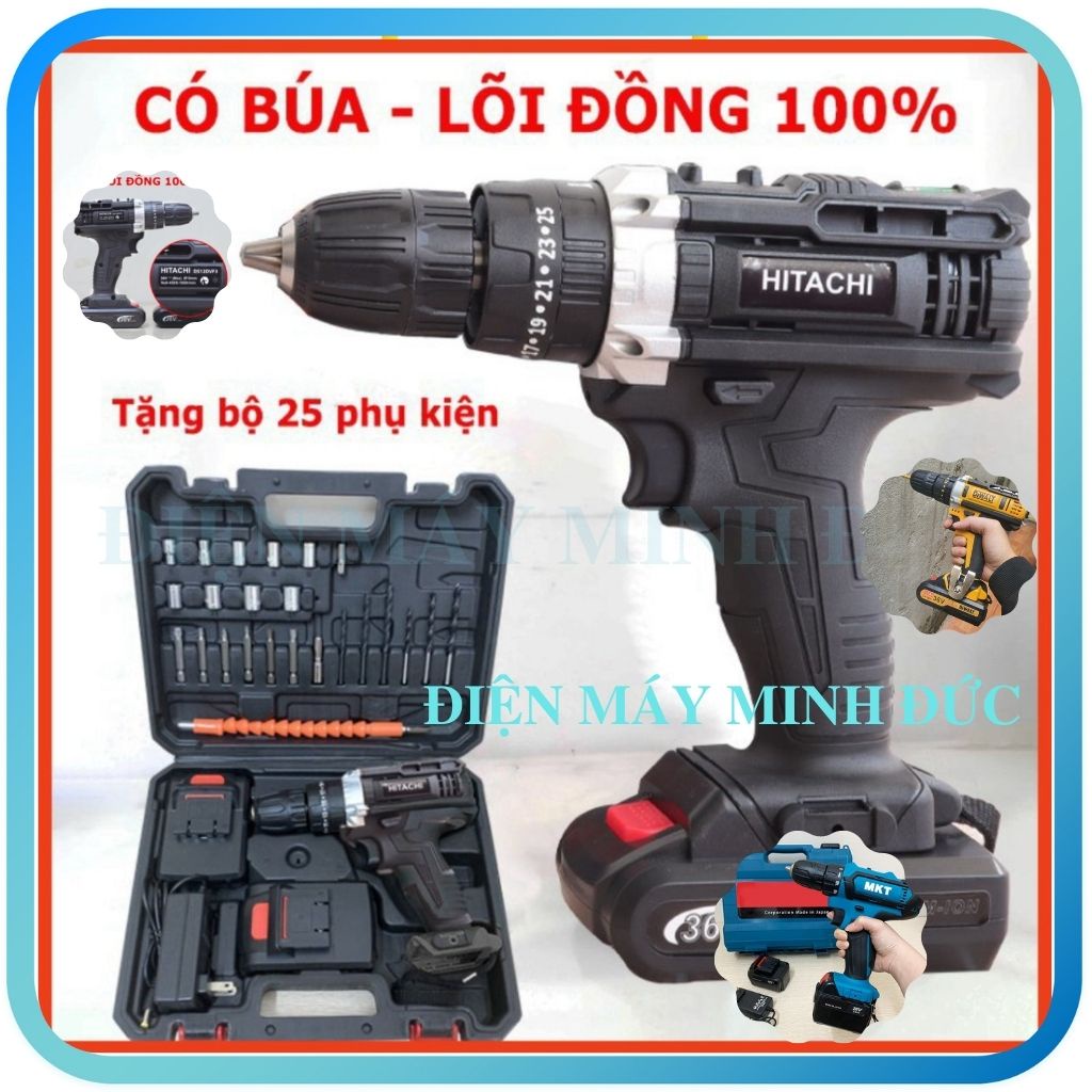 Máy khoan pin bắn bắt siết ốc vít bulong cầm tay mini Hitachi 36V đa chức năng có tặng Bộ Phụ Kiện 24 Chi Tiết