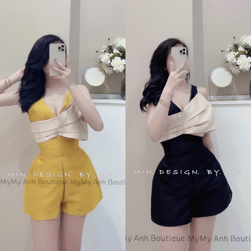 Jumpsuit đùi nữ cổ V phối nơ siêu xinh đa màu sắc (Đen, Đỏ, Vàng) thích hợp cho nàng đi chơi, dự tiệc