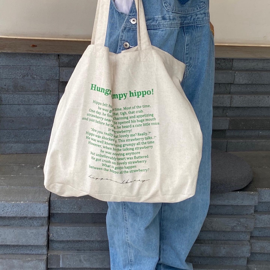 Grumpy Hippo Tote Túi đeo vai canvas đơn giản Hàn Quốc Túi nữ thời trang