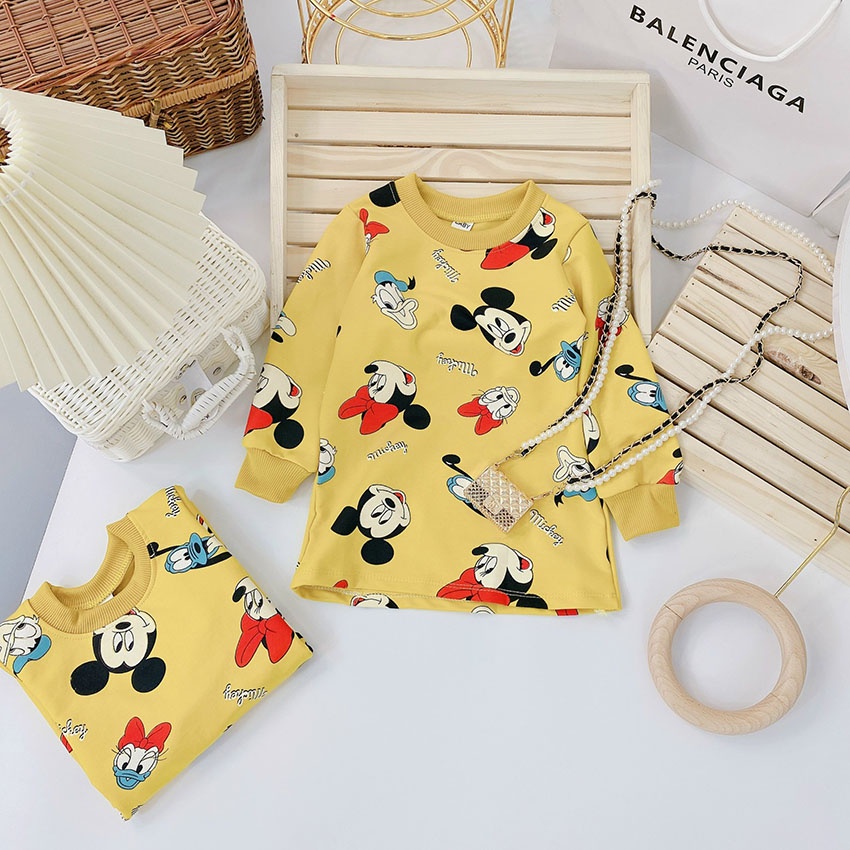 Váy Dài Tay Thu Đông Nỉ Da Cá In Hình Mickey Vịt Dễ Thương Cho Bé Từ 8-21kg Mã V16