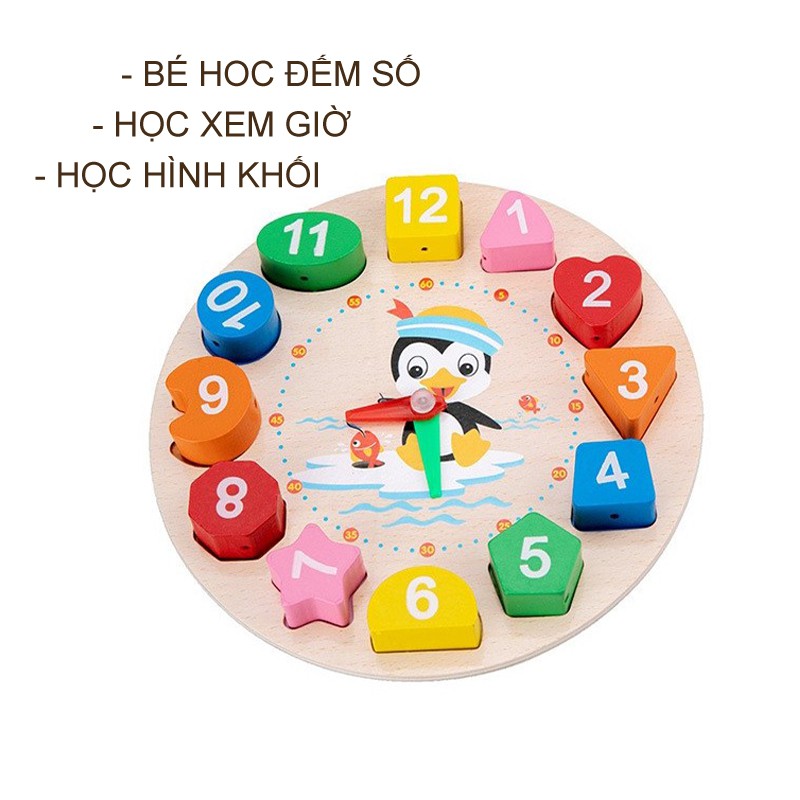 Đồ chơi đồng hồ gỗ thông minh cho bé học số, hình khối, xem giờ và màu sắc