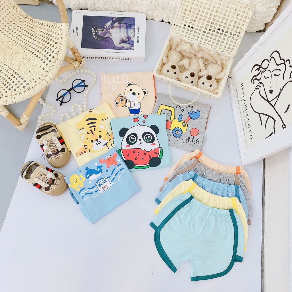 Bộ Cộc Tay Bé Trai, Bé Gái Minky Minky Mom Vải Thun Lạnh In Hình Thú Đáng Yêu, Bộ Quần Áo Cho Bé Mặc Nhà TNTHU1