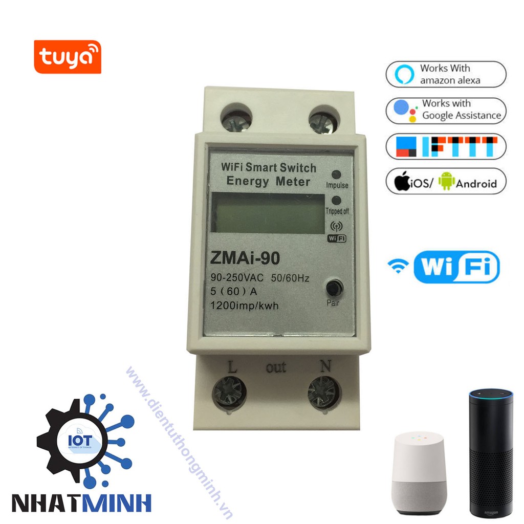 Công tơ wifi Bật tắt điện từ xa 60A TUYA điều khiển googhome