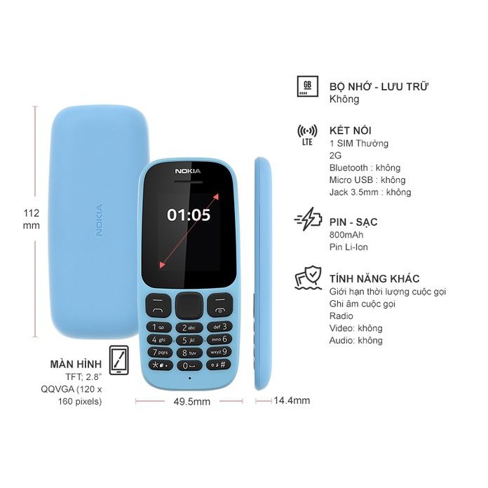 [Hàng chính hãng] Điện thoại Nokia 105 (2017) 1 sim, 4 ngày chưa sạc bảo hành 6 tháng
