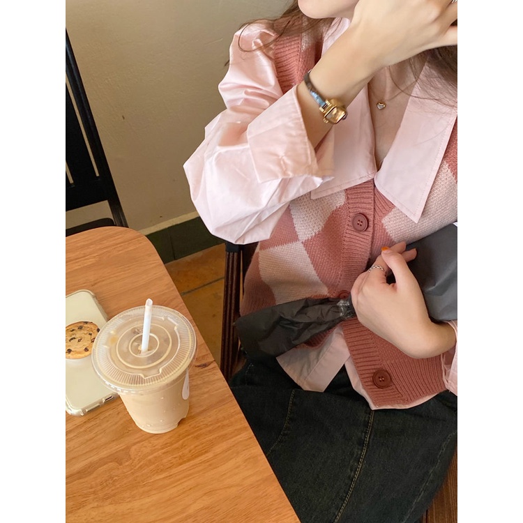 Set áo khoác len không tay và áo sơ mi tay dài thời trang dành cho nữ