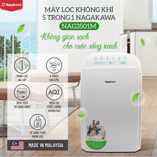 Máy lọc không khí 5 trong 1 Nagakawa NAG3501M - Công nghệ lọc HEPA, khử mùi