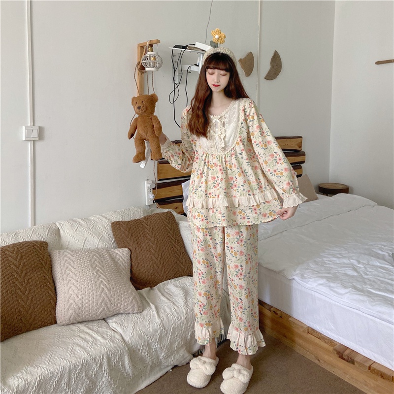 Set bộ mặc nhà hoa nhí vàng phối ren tiểu thư quảng châu