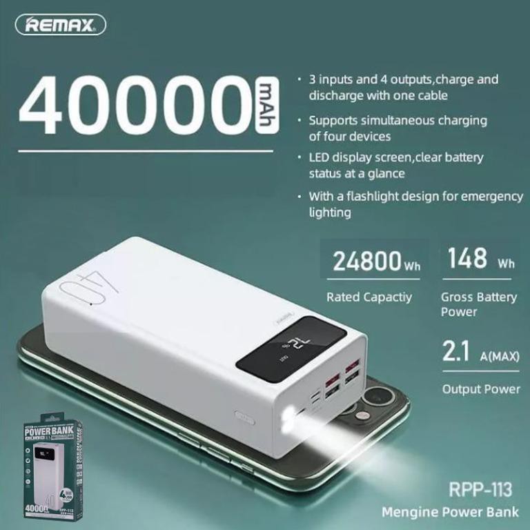 Pin Sạc Dự Phòng Remax Rpp-113 40000Mah, Lõi Li-Polymer, 3 Cổng Input, 4 Cổng Output