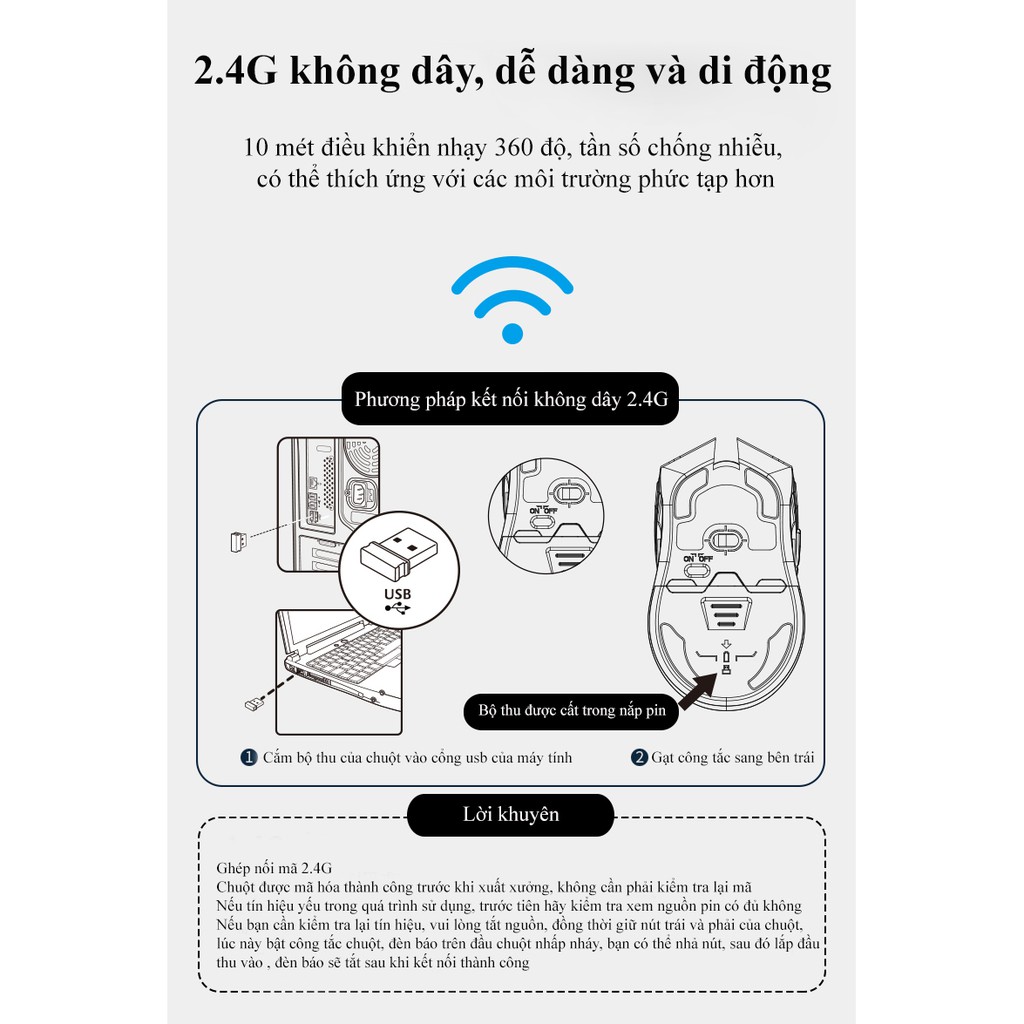 Chuột không dây Newmen E500,kết nối 2.4Ghz,1600DPI,công thái học đối xứng,tuỳ chỉnh trọng lượng -Hàng Chính Hãng,BH 24m