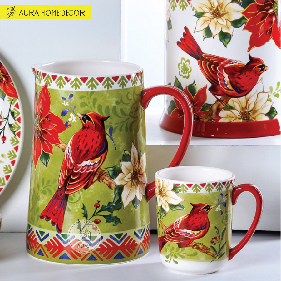 HOT NOEL Bình nước kiêm bình hoa, Hũ đựng đồ họa tiết chim sơn ca đỏ và hoa trạng nguyên