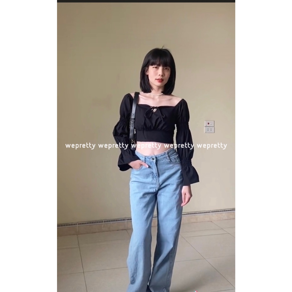 Áo trễ vai dài tay nữ dáng croptop phong cách hiện tại 2 màu đen và trắng chất thô mềm có mút ngực Wepretty Clothes | BigBuy360 - bigbuy360.vn