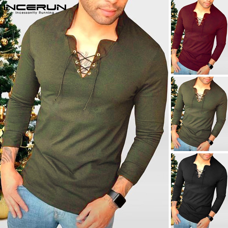 Áo thun Incerun dài tay cổ chữ V phối dây buộc 3 màu cá tính dành cho nam