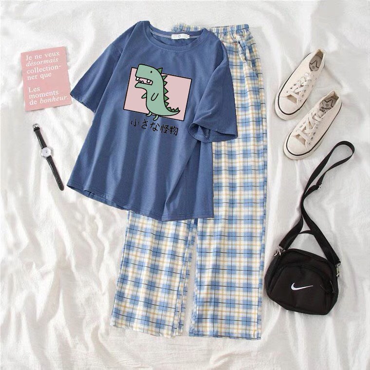Sét Áo Khủng long ô vuông + quần kẻ xanh, Áo thun from rộng, Chất đẹp không xù, quần ống rộng, Sét bộ mặc ở nhà - MODY