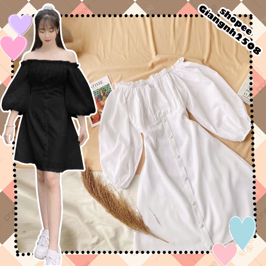 V010 Váy trắng trễ vai nhúm ngực viền bèo tay phồng tiểu thư công chúa và đầm hở vai tay chun bồng cổ vuông cute