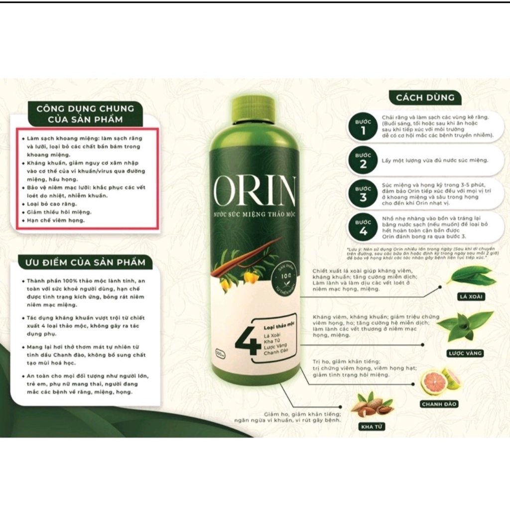 Nước súc miệng Orin chính hãng chai 500ml - hết đau họng, hôi miệng, sạch mảng bám