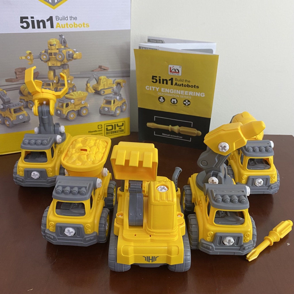 Robot biến hình lắp ráp xe Công trường, Cứu Hỏa  5in1, đồ chơi lắp ghép xe công trường biến hình robot có Đèn và nhạc