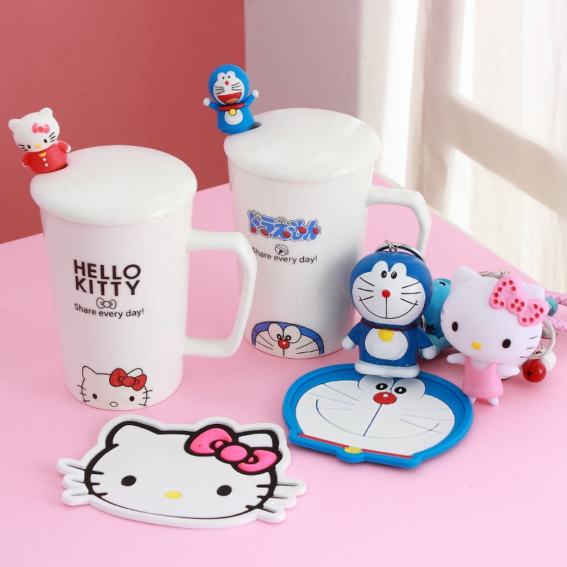 Cốc Sứ Uống Cà Phê Có Nắp Đậy Và Muỗng Hình Hello Kitty / Doremon Đáng Yêu