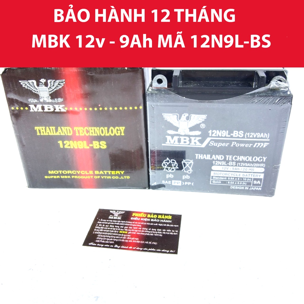 Bình ắc quy khô xe máy THAILAND  MBK 12V-9Ah mã 12N9L-BS kích thước 135x75x130mm bảo hành 12 tháng