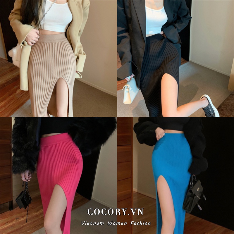 Cocory vn Chân Váy Dệt Kim Chữ A Lưng Cao Dáng Ôm Xẻ Tà Quyến Rũ Thời Trang Cho Nữ
