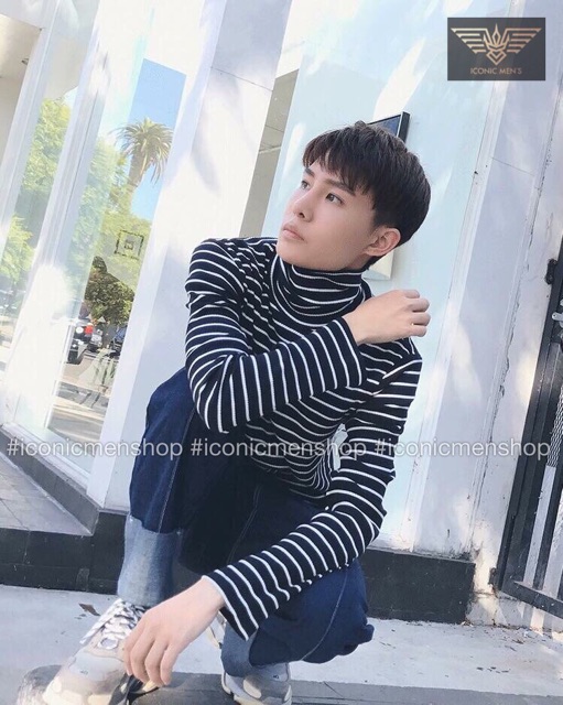 Áo thun cổ lọ dài tay gân sọc