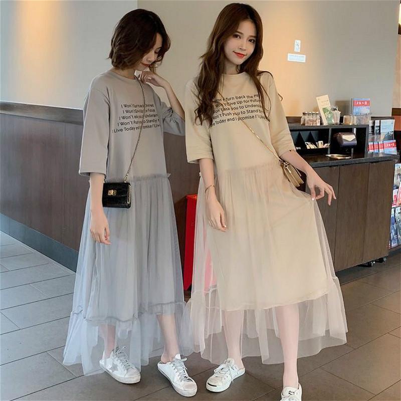 New Women Midi Dresses Korean Round Neck Mesh Stitching Dress