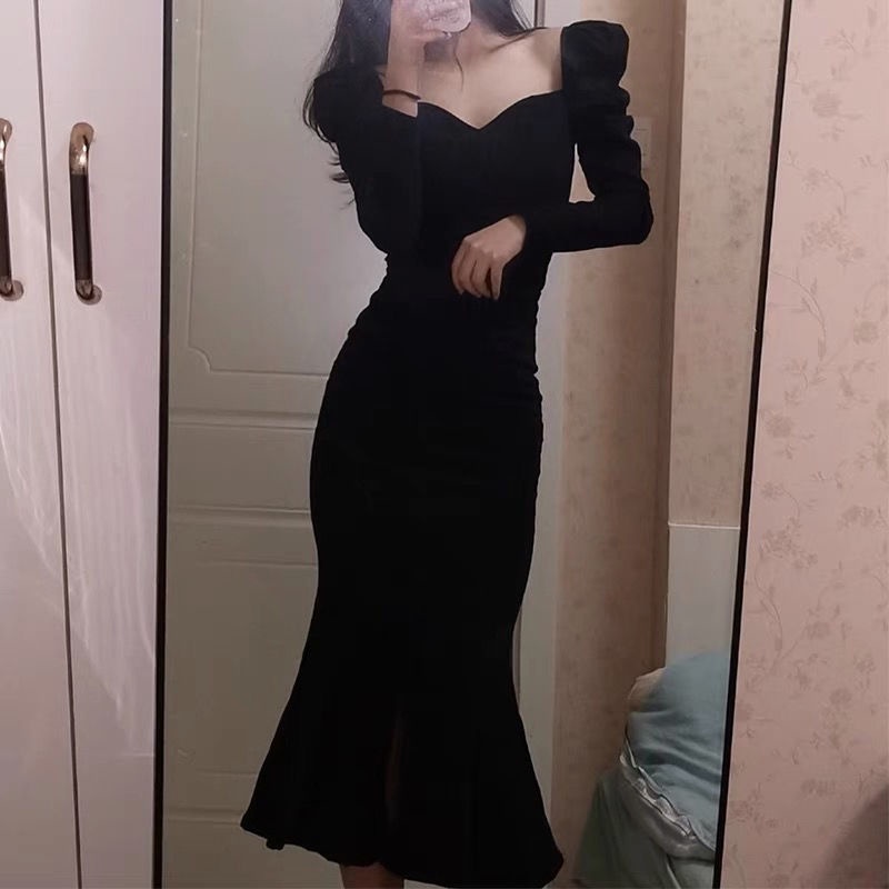 Đầm nữ dài tay cổ tròn thời trang Hàn
