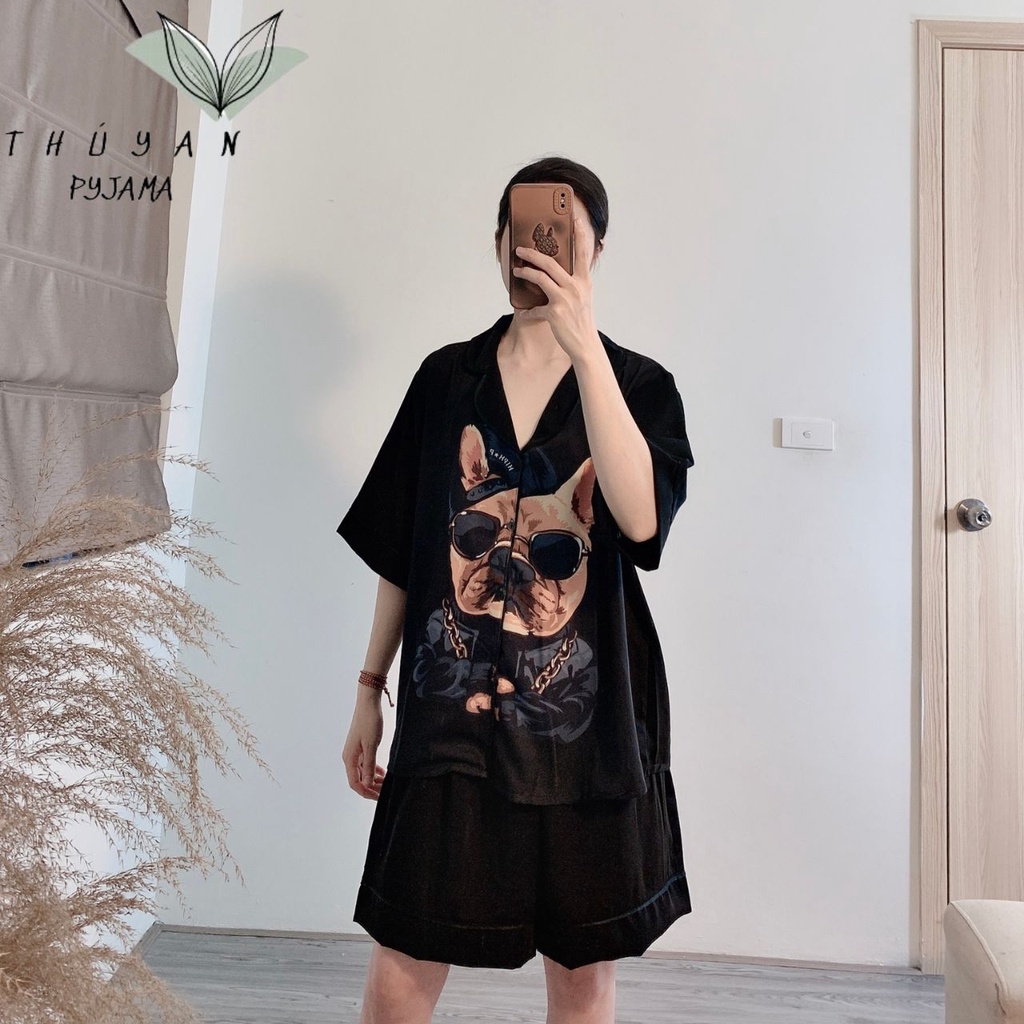 Bộ Pijama nữ bigsize chó Pitbull vàng cộc đùi chất lụa Mango ko nhăn dành cho nữ, mẹ bầu 60 - 90kg0kg