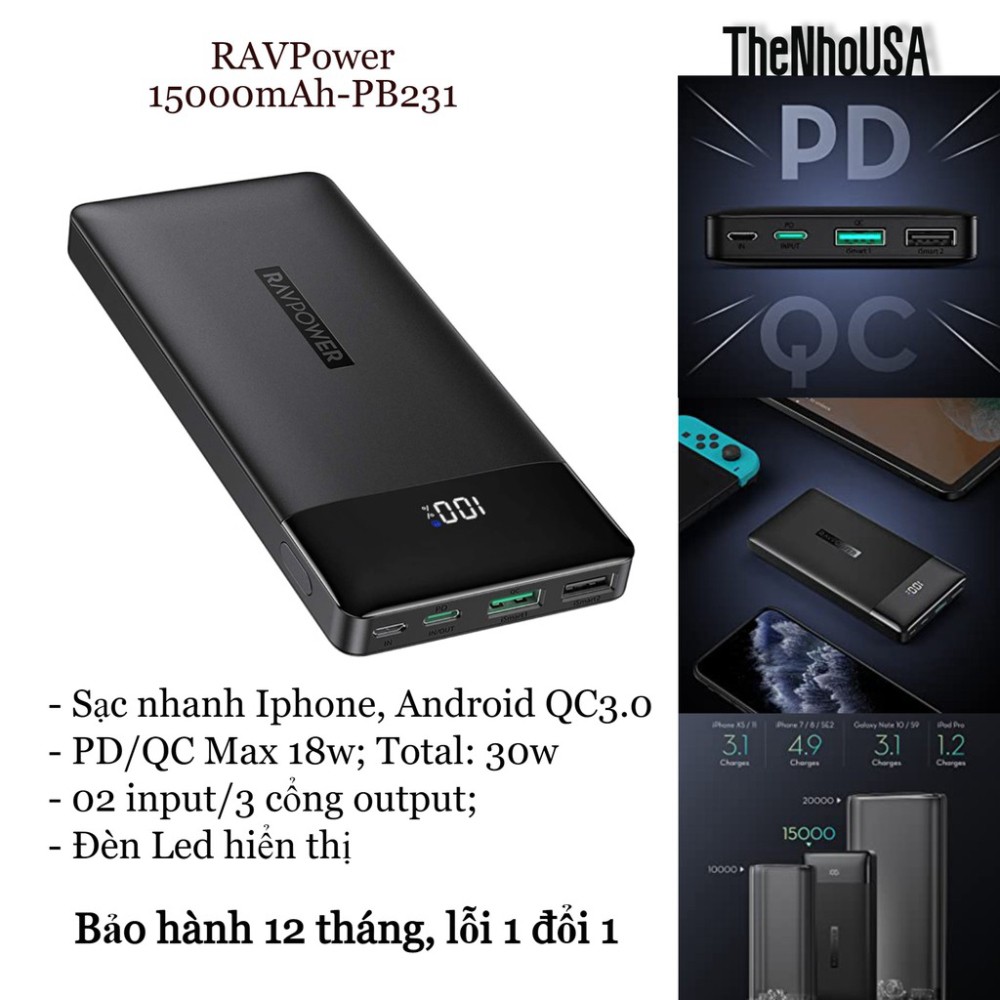 [Chính hãng ]  Sạc dự phòng RAVPower 15000mAh - 30w (PD3.0/QC3.0 18w) RP-PB231 [BH 12T] [