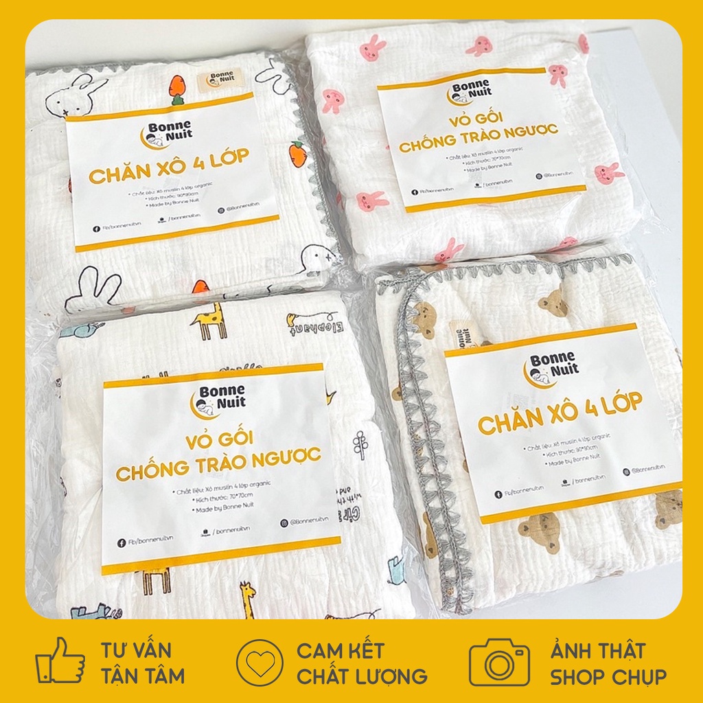 Vỏ gối chống trào ngược xô 4 lớp Bonne nuit  không bục chỉ  chất liệu Muslin cao cấp