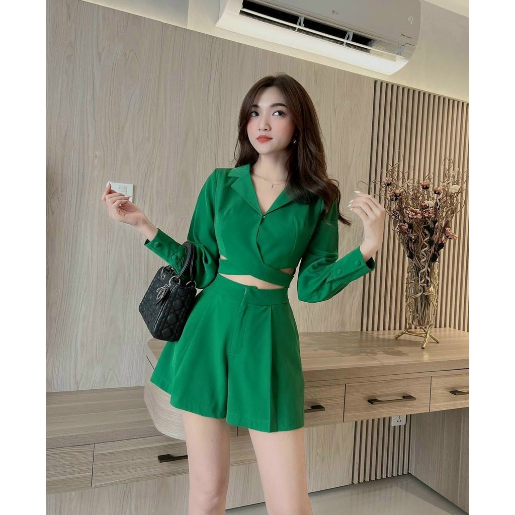 (Sale FreeShip) Sét nữ thiết kế áo tay dài phồng from croptop xoắn eo mix quần có túi,4 màu tôn da,lên from chuẩn