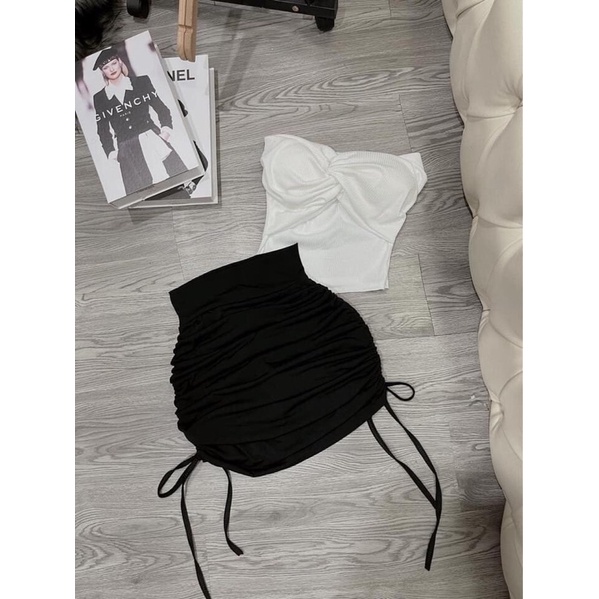 Set áo xoắn ngực chân váy rút - áo ống xoắn ngực kèm chân váy dây rút 2 bên