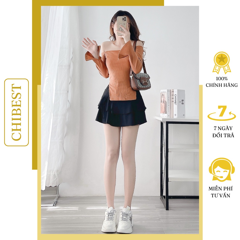 Áo thun ôm nữ  trễ vai vạc vuông phối xẻ tà ôm dáng body sexy CHIBEST LAB76