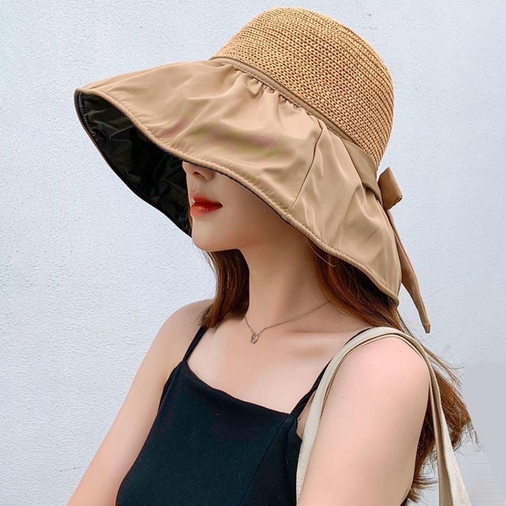 Mũ Rộng Vành Dệt Thủ Công Màu Đen Có Thể Gập Lại Thời Trang Đi Biển Cho Nữ