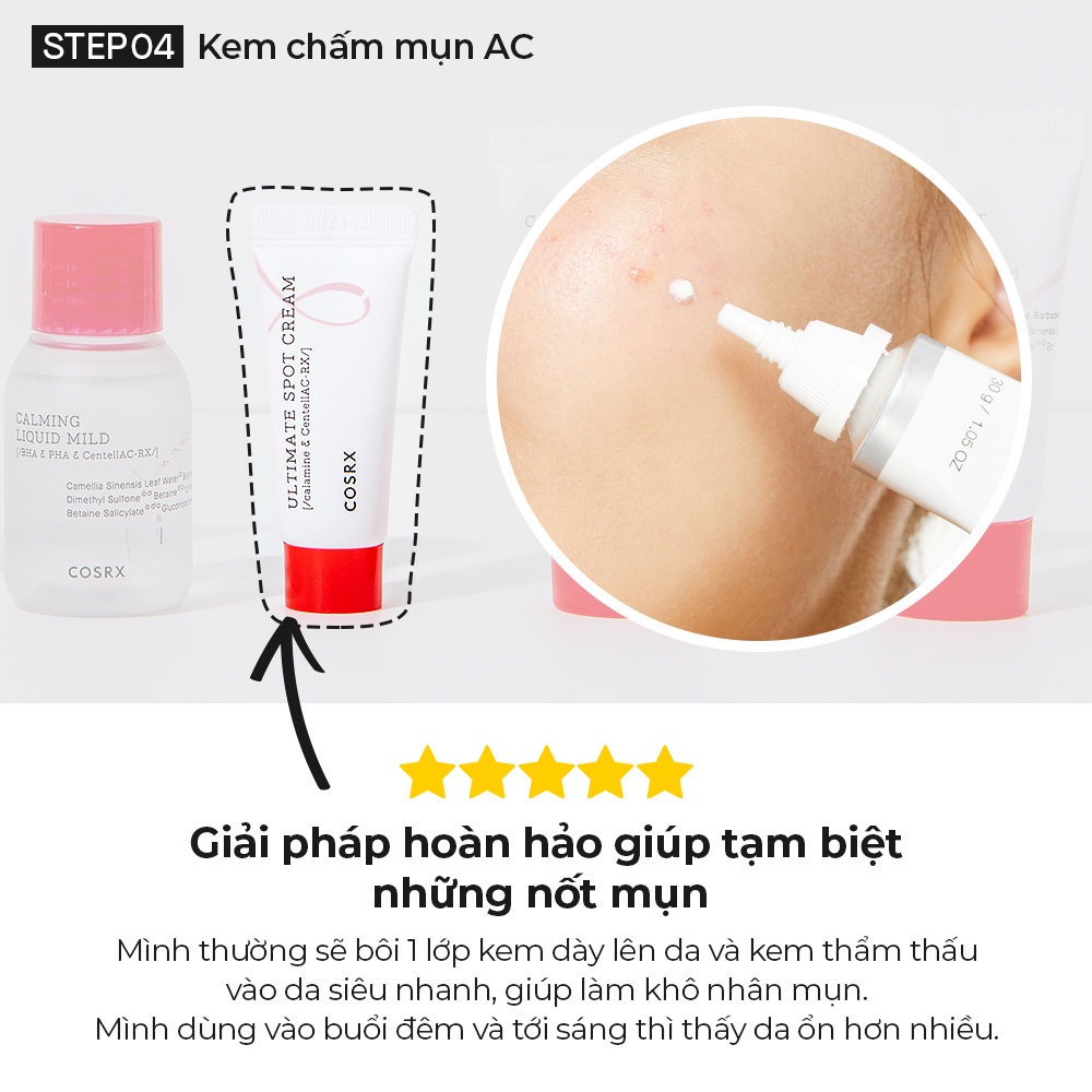 Bộ sản phẩm dưỡng da dịu nhẹ COSRX AC với sữa rửa mặt 20ml toner 20ml kem dưỡng 20ml kem chấm mụn 5g