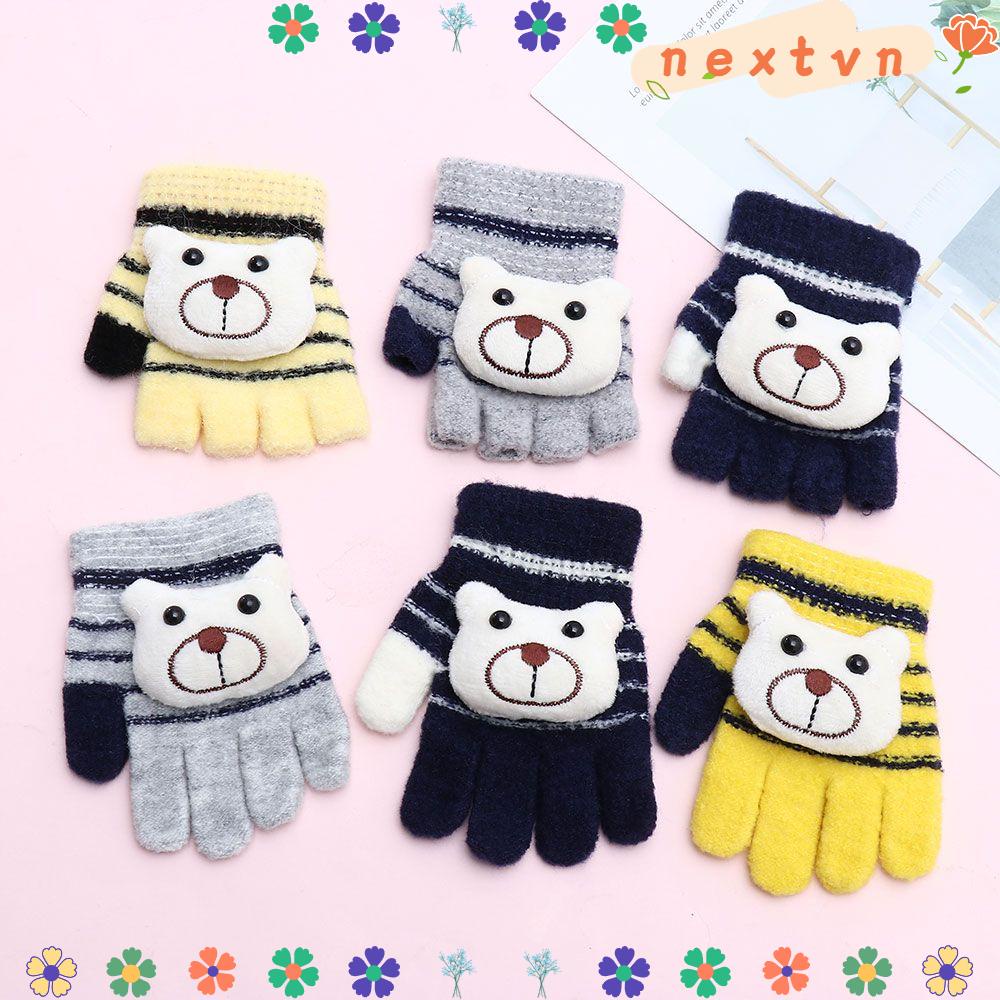 Găng tay dệt kim dày dặn giữ ấm mùa thu đông in hình gấu hoạt hình nhiều màu thời trang cho bé trai và bé gái
