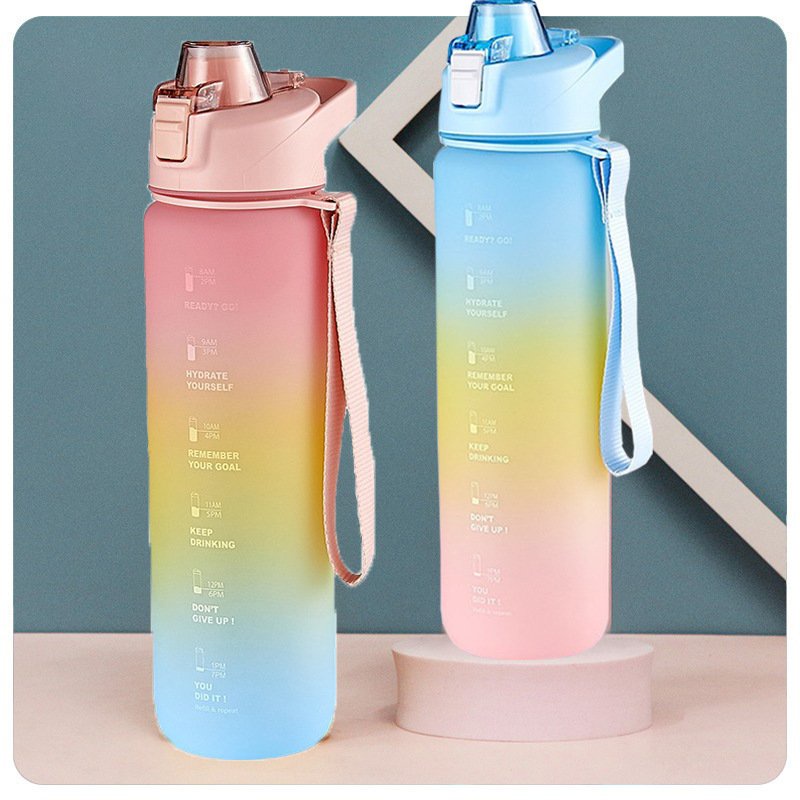 Bình Nước Cao Cấp 1000ml, bình nước cute có dây đeo và ống hút tiện lợi, bình có tặng kèm Hình Dán 3D siêu xinh