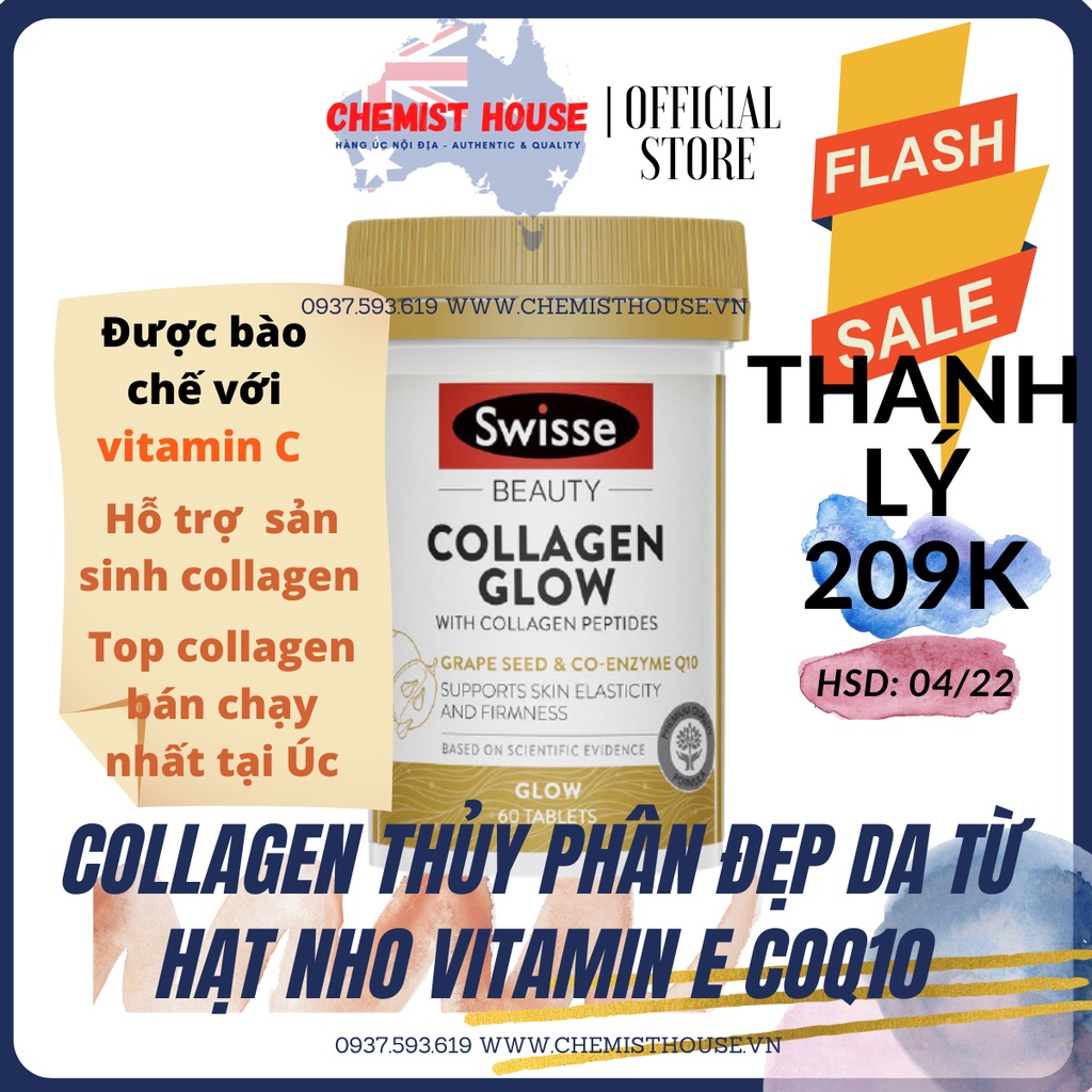 [Hàng Chuẩn ÚC] Swisse Beauty Collagen Glow - Collagen thủy phân đẹp da từ hạt nho vitamin E Coq10